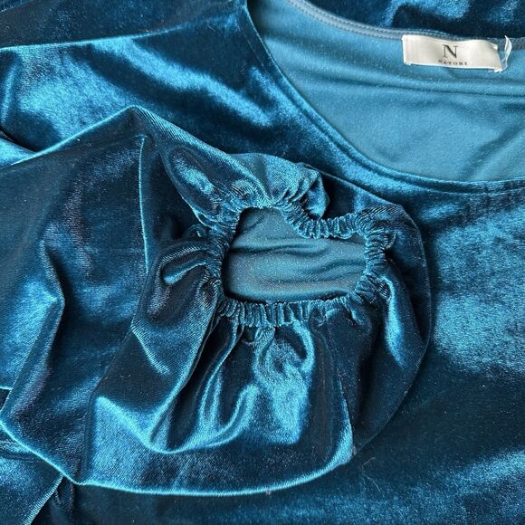 Natori Teal Velvet Balloon Sleeve Relaxed Shift Dress M | Chic Holiday Party - Picture 6 of 8